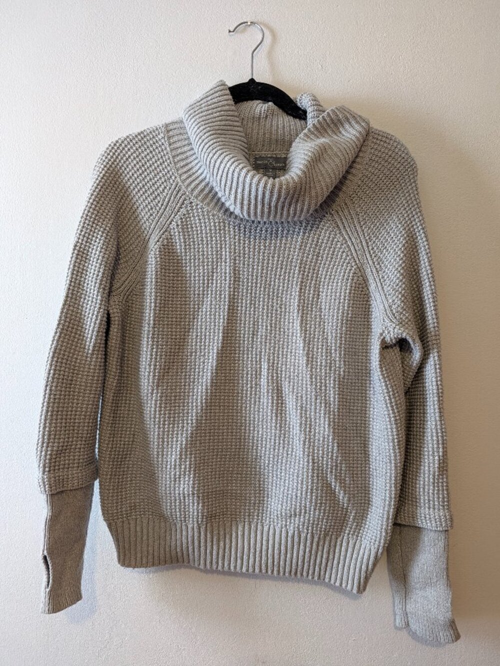 Market & Spruce Cowl Neck Waffle Knit Sweater Thumbholes Light Grey M